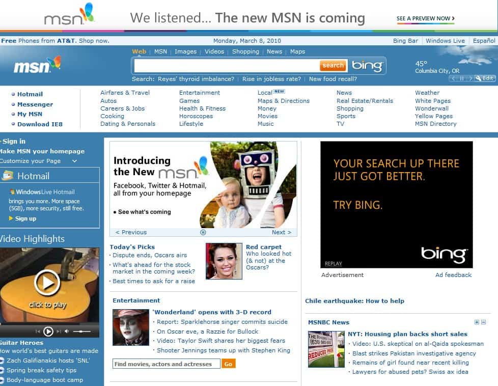 The MSN homepage in March 2010: Bing search, Hotmail, news and video highlights
