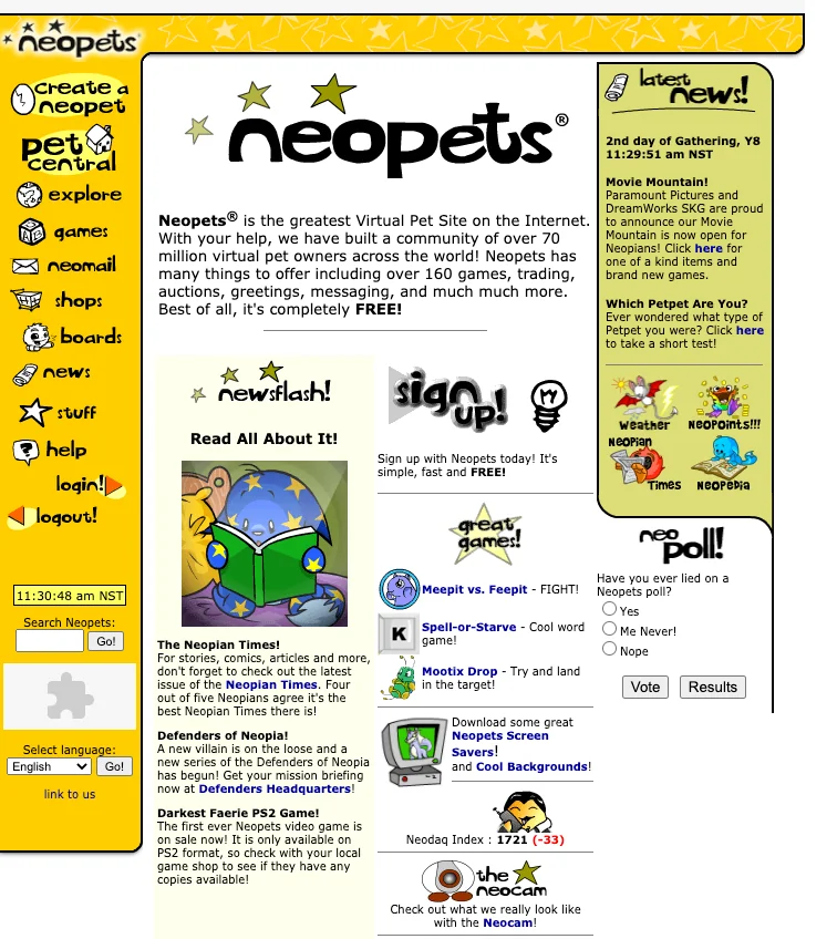 The Neopets homepage: a yellow sidebar of links, the Neopets logo, news, games and a poll